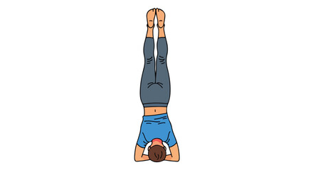 Cartoon illustration of a person performing a headstand yoga pose for fitness illustration health 75 characters