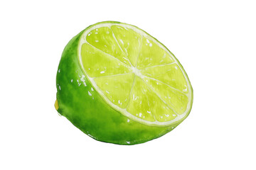Half of a juicy lime hand drawn watercolor isolated food illustration. Fresh green citrus fruit slice for cocktails and drinks.