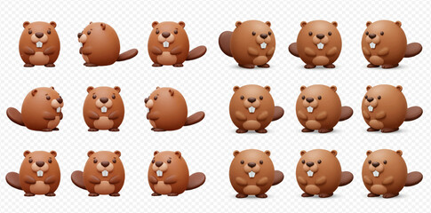 A charming set of 3D rendered cartoon beavers, depicted in various adorable poses with their characteristic flat tails and buck teeth. © Heri