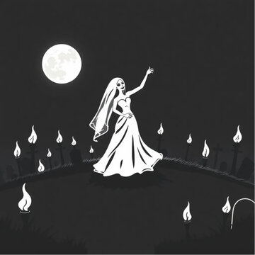 A zombie bride dancing under the moonlight in a shadowy cemetery hill surrounded by flickering torches.