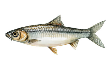 Fototapeta premium Fresh herring fish hand drawn watercolor isolated food illustration. Raw silver saltwater fish for healthy seafood diet.