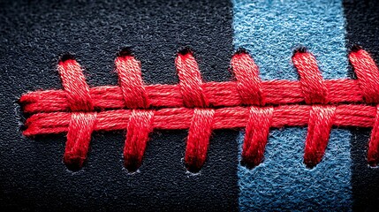Close-up of Red and Blue Sports Shoe Stitching on Black Material
