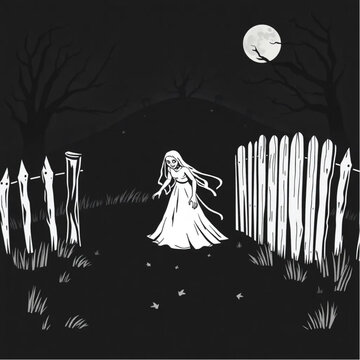 A zombie bride creeping through the darkness in a shadowy cemetery hill surrounded by creaking wooden gate.