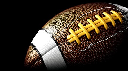American Football Ball with Yellow Laces on Black Background