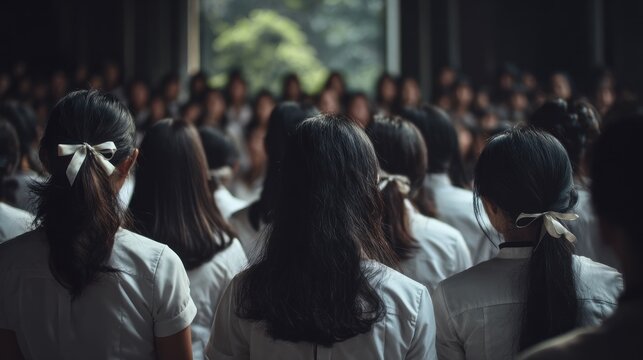 Crowded room, many students, back view