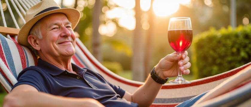 Relaxed senior man enjoying glass of red wine in hammock during sunset, surrounded by nature beauty - Powered by Adobe