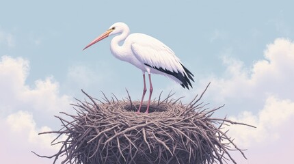 Fototapeta premium Solitary stork on a twig nest under soft cloudy sky, gentle diffused light, subtle cool blues and warm earth tones, peaceful nature scene with contemplative mood