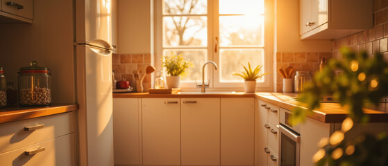 Warm and inviting kitchen bathed in sunlight, featuring modern appliances, wooden countertops, and potted plants