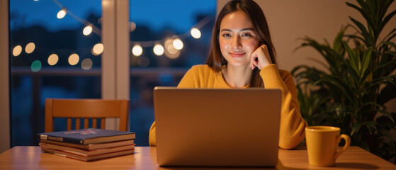 Young woman sits wooden table, working laptop cozy, dimly lit room. Warm lights create relaxed atmosphere, enhancing her focused expression