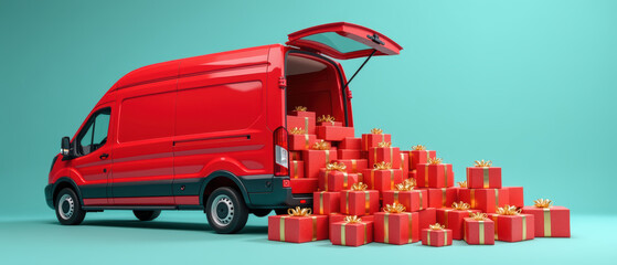 Red delivery van overflowing with colorful gift boxes creates festive atmosphere. scene evokes excitement and joy, perfect for holiday