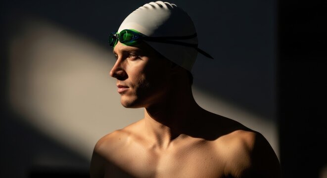 Male swimmer in profile with white cap and green goggles, warm natural light, sharp facial detail, soft bokeh background, minimal clean portrait for motivation
