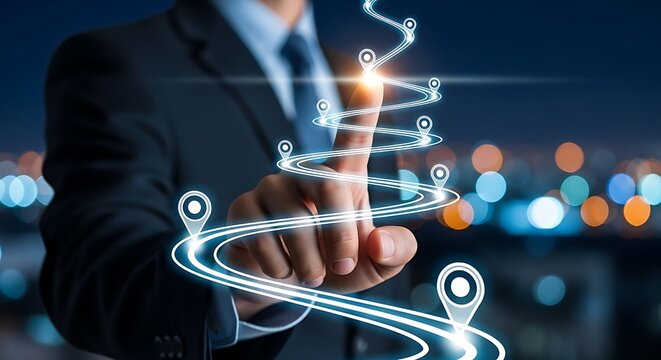Businessman pointing at a glowing digital roadmap with location pins strategy planning