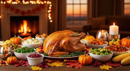 A beautifully arranged Thanksgiving dinner table with a roasted turkey, various side dishes, and festive decorations.