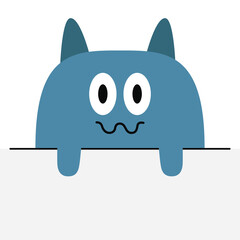 Happy Halloween. Peeking Monster icon hanging hands on paper. Funny face head blue silhouette. Cute kawaii cartoon baby character. Eyes teeth fang horn. Flat design. White background. Vector