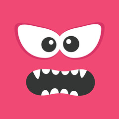 Red monster face head banner. Happy Halloween. Cute square monster. Spooky angry screaming sad face emotion. Boo. Eyes, mouse, tongue, teeth fang. Flat design. Baby kids background Vector illustration