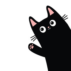 Cute black cat peeking out from around the corner. Kitten face. Waving hand paw print. Kawaii baby pet animal. Cartoon character. Sticker, greeting card print. Flat design. White background Vector