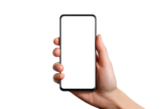 A Hand Holding a Modern Smartphone with a Blank Screen, Perfect for Showcasing App Designs and Digital Content  on transparent background