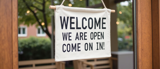Welcome sign hanging on door, inviting customers to enter business. atmosphere is warm and friendly, encouraging visitors to come inside