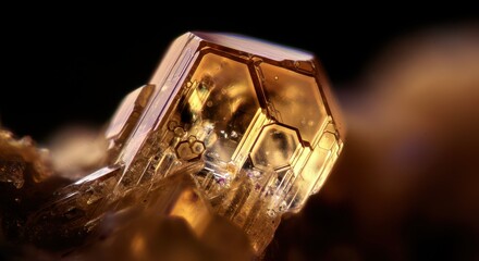 Close-up of a sparkling, faceted amber-colored crystal against a dark background, showcasing its intricate structure and warm glow.
