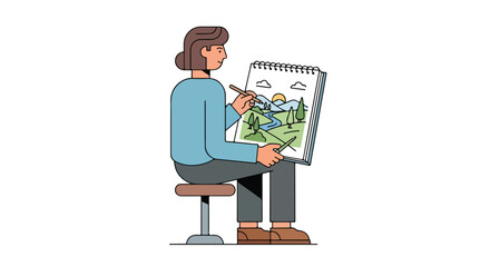 Illustrative depiction of an artist sketching a serene landscape on a notepad while seated calmly on a stool portraying creative focus and artistic