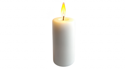A serene white candle with a flickering flame stands alone on a softly lit surface. creating a calming atmosphere perfect for relaxation or meditation in a minimalist setting