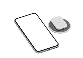 A sleek metallic silver-grey premium smartphone with a blank white display and a minimalist wireless charging pad on a transparent studio background, 45-degree angle shot. Concept of premium