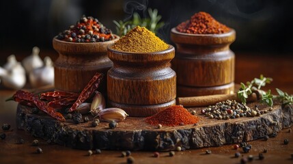 Colorful spices on wooden board