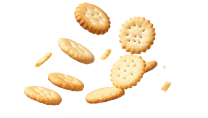 A dynamic scene featuring various types of round crackers gracefully falling against a clean white background. illustrating motion and texture. perfect for food-related content