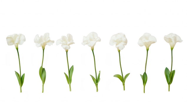 A serene arrangement of white flowers with green leaves displayed in a straight line on a soft pink background. perfect for use in floral design. wedding invitations. or nature-themed projects