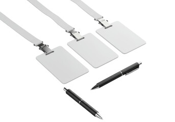 Three blank white PVC ID cards with lanyards and a sleek black pen, precisely arranged on a transparent studio background, high-angle, no shadows, concept of professional product display