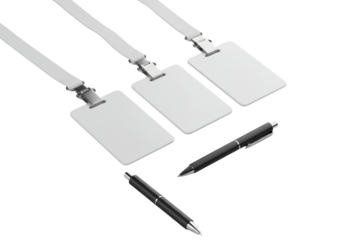 Three blank white PVC ID cards with lanyards and a sleek black pen, precisely arranged on a transparent studio background, high-angle, no shadows, concept of professional product display