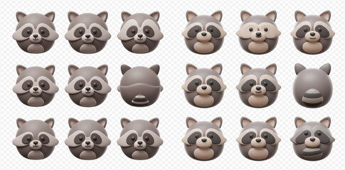 Fototapeta premium Collection of cute 3D rendered raccoon characters with varied expressions and poses.