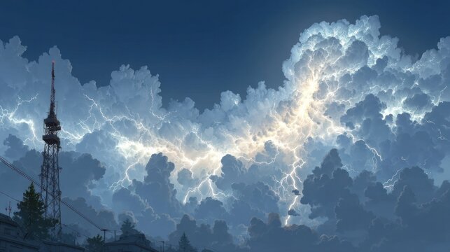 A dramatic sky filled with intense lightning illuminates dense storm clouds above a silhouetted radio tower. - Powered by Adobe
