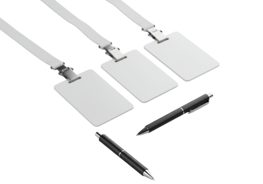 Three blank white PVC ID cards with lanyards and a sleek black pen, precisely arranged on a transparent studio background, high-angle, no shadows, concept of professional product display