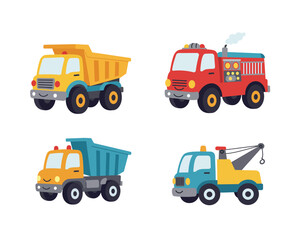 Collection of four colorful cartoon construction and emergency vehicles including a dump truck fire truck and tow truck