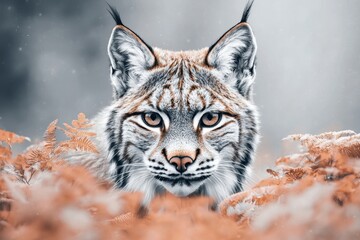 Obraz premium Young lynx hiding among ferns, detailed textures, 3D illustration