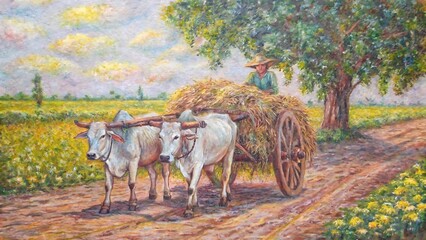 A peaceful painting of farmer and oxen cart carrying hay in the countryside