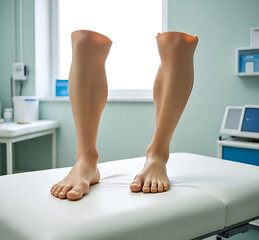 Pair of prosthetic legs on a white examination table in a clinic room