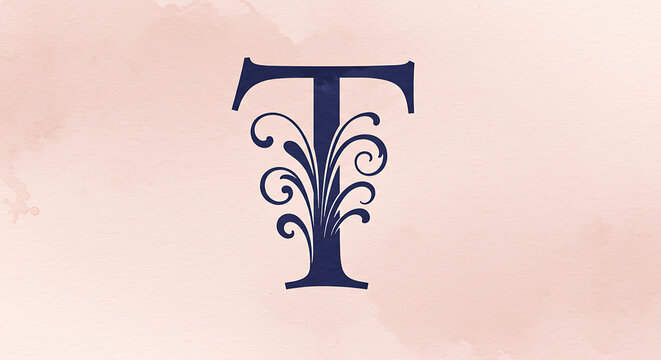 Royal blue letter T with decorative floral embellishments, vintage calligraphic font style for monograms and initials, elegant serif typography element with swirls isolated on pink background