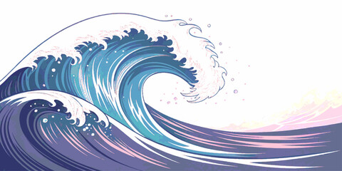 Elegant wave illustration with flowing lines and pastel tones, combining Japanese ukiyo-e style with a contemporary color palette.
