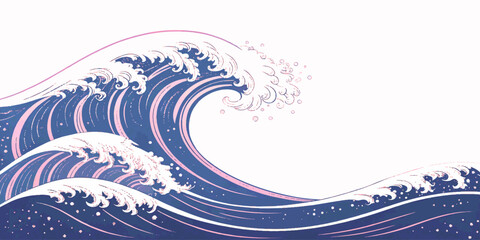 Elegant wave illustration with flowing lines and pastel tones, combining Japanese ukiyo-e style with a contemporary color palette.
