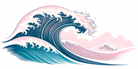 Elegant wave illustration with flowing lines and pastel tones, combining Japanese ukiyo-e style with a contemporary color palette.
