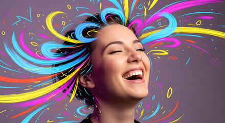 Close-up portrait of a laughing young woman, her hair transformed into 2D neon brushstrokes that expand around her head. In the background, abstract illustrations in motion.