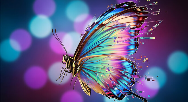 A close-up of a butterfly, with realistic wings unfolding into 2D geometric patterns, reminiscent of glitch art. Vibrant bokeh background with purple, blue, and magenta.
