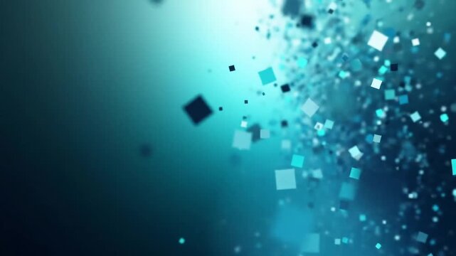Abstract digital background with a dynamic explosion of glowing teal square particles creating a sense of motion and depth.