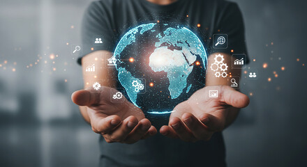 Global Network Connection Hands Holding Earth Technology AI Digital Transformation Data Future Innovation Global