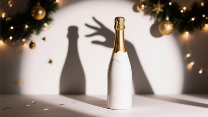 Elegant Champagne Bottle with Gold Foil on Table with Shadow Play