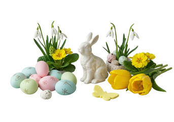 Delicate white porcelain rabbit sits with pastel floral Easter eggs, yellow butterfly, snowdrops, hyacinths, primroses, tulips, on clean transparent. Elegant Easter display concept