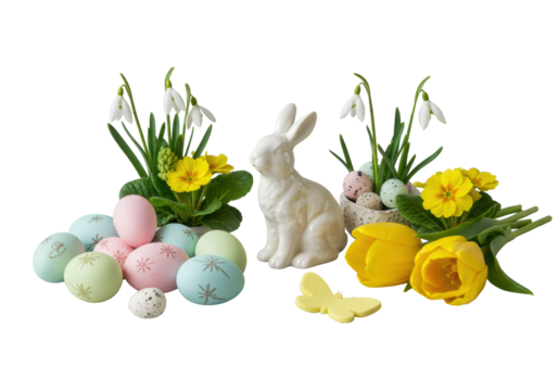 Delicate white porcelain rabbit sits with pastel floral Easter eggs, yellow butterfly, snowdrops, hyacinths, primroses, tulips, on clean transparent. Elegant Easter display concept