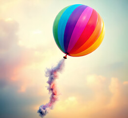 Rainbow colored balloon with smoke trail floating in a dreamy sky